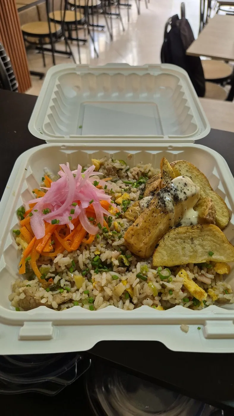 Arroz con encurtido y papas, empacado para llevar