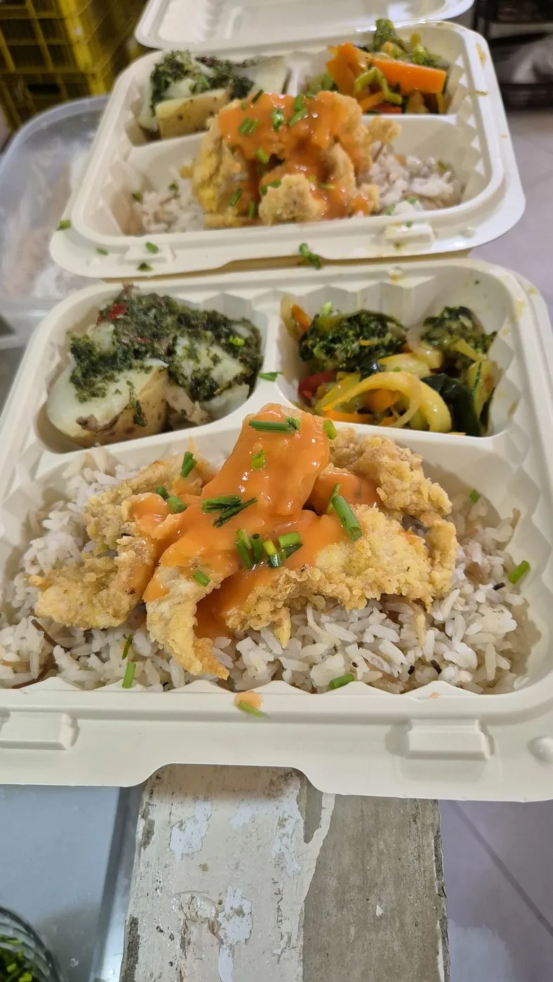 Pescado en salsa con arroz, empacado para domicilio